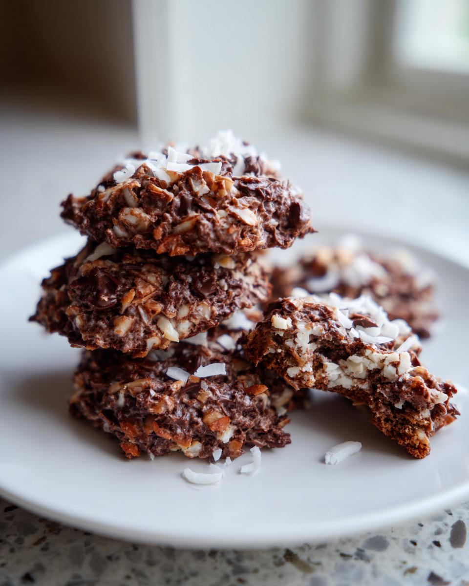 A stack of rich, chocolatey almond joy cookies topped with shredded coconut flakes on a white plate.