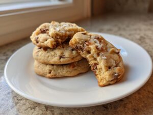 A stack of three soft almond joy cookies on a white plate, with one cookie broken open showing chocolate and coconut.
