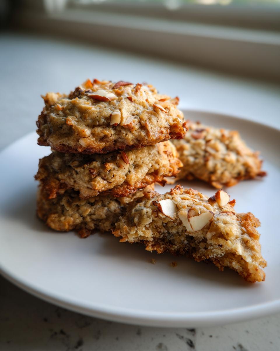 A stack of freshly baked 5-ingredient almond joy cookies topped with slivered almonds on a white plate.