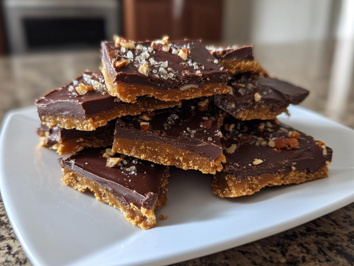 A stack of rich graham cracker toffee squares topped with chocolate, nuts, and sea salt.