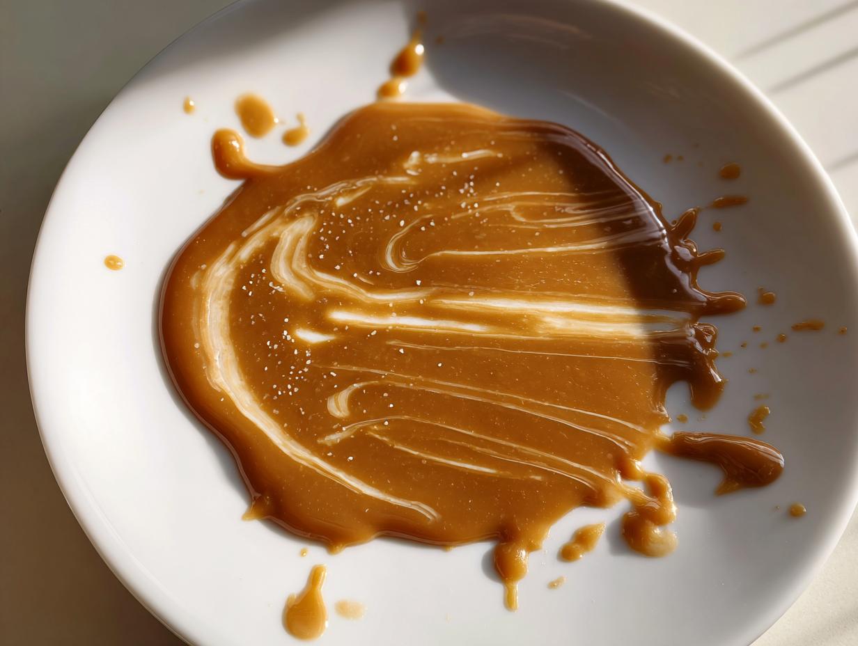 Close-up of thick, glossy brown peanut sauce swirled on a white plate, sprinkled with salt flakes.
