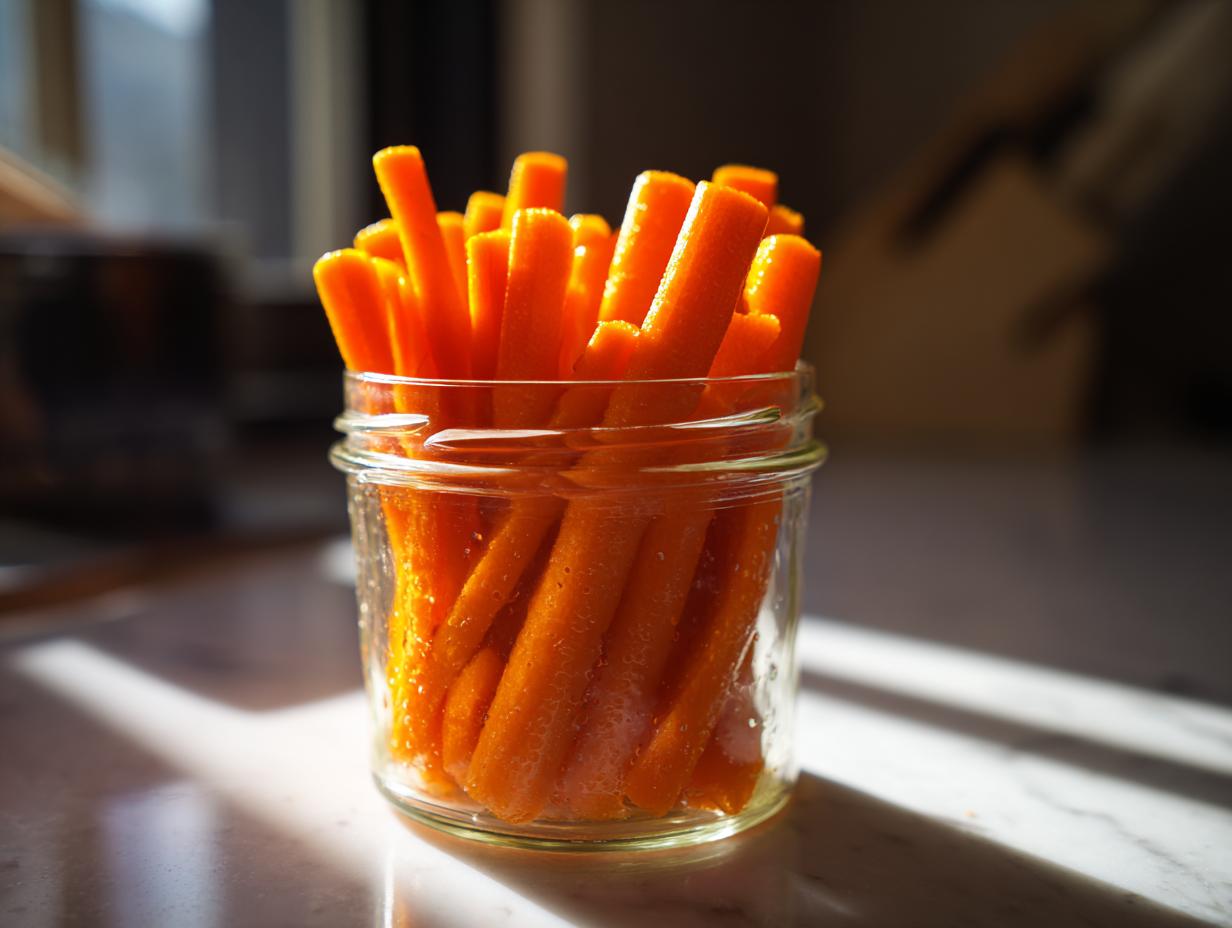 Close-up of bright orange pickled carrots cut into sticks, standing upright in a small glass jar.