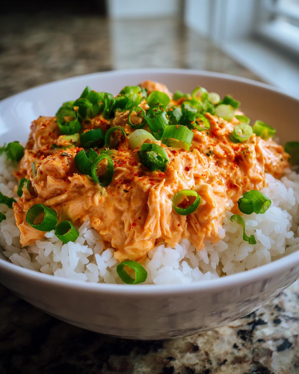 A close-up of a bowl of white rice topped with creamy, orange-hued tuna rice mixture and fresh green onions.
