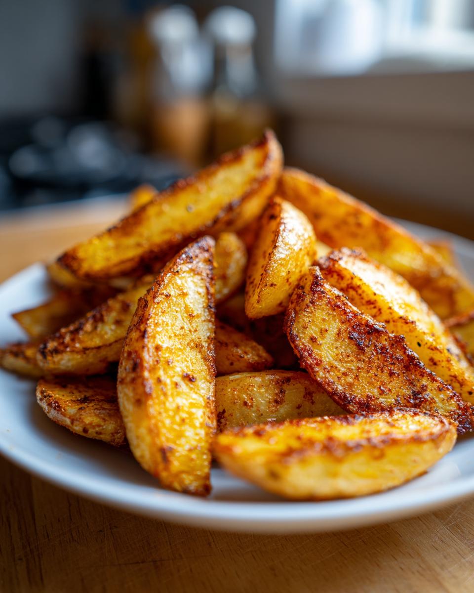 A close-up of a pile of golden brown, seasoned air fryer potato wedges served on a white plate.