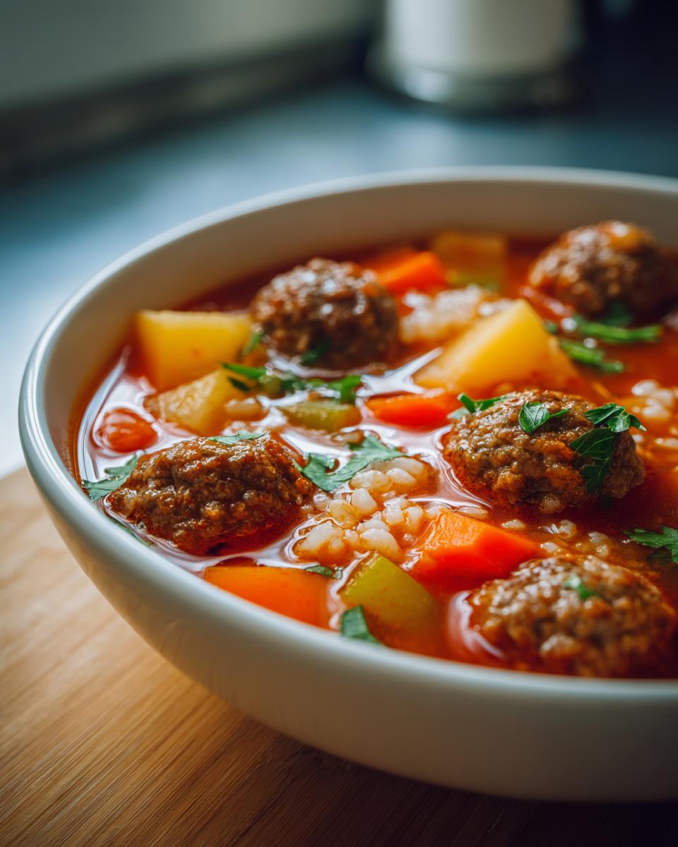 Close-up of a white bowl filled with rich, red albondigas soup containing meatballs, rice, carrots, and potatoes.