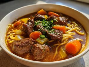 Close-up of a white bowl filled with rich, savory beef noodle soup featuring tender beef chunks, carrots, and noodles.