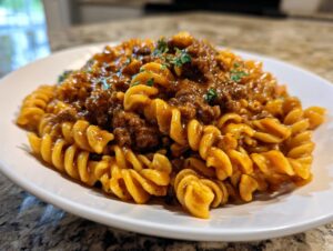 A close-up shot of a serving of amazing 1-pot beef pasta featuring rotini or fusilli noodles coated in a rich, savory sauce.
