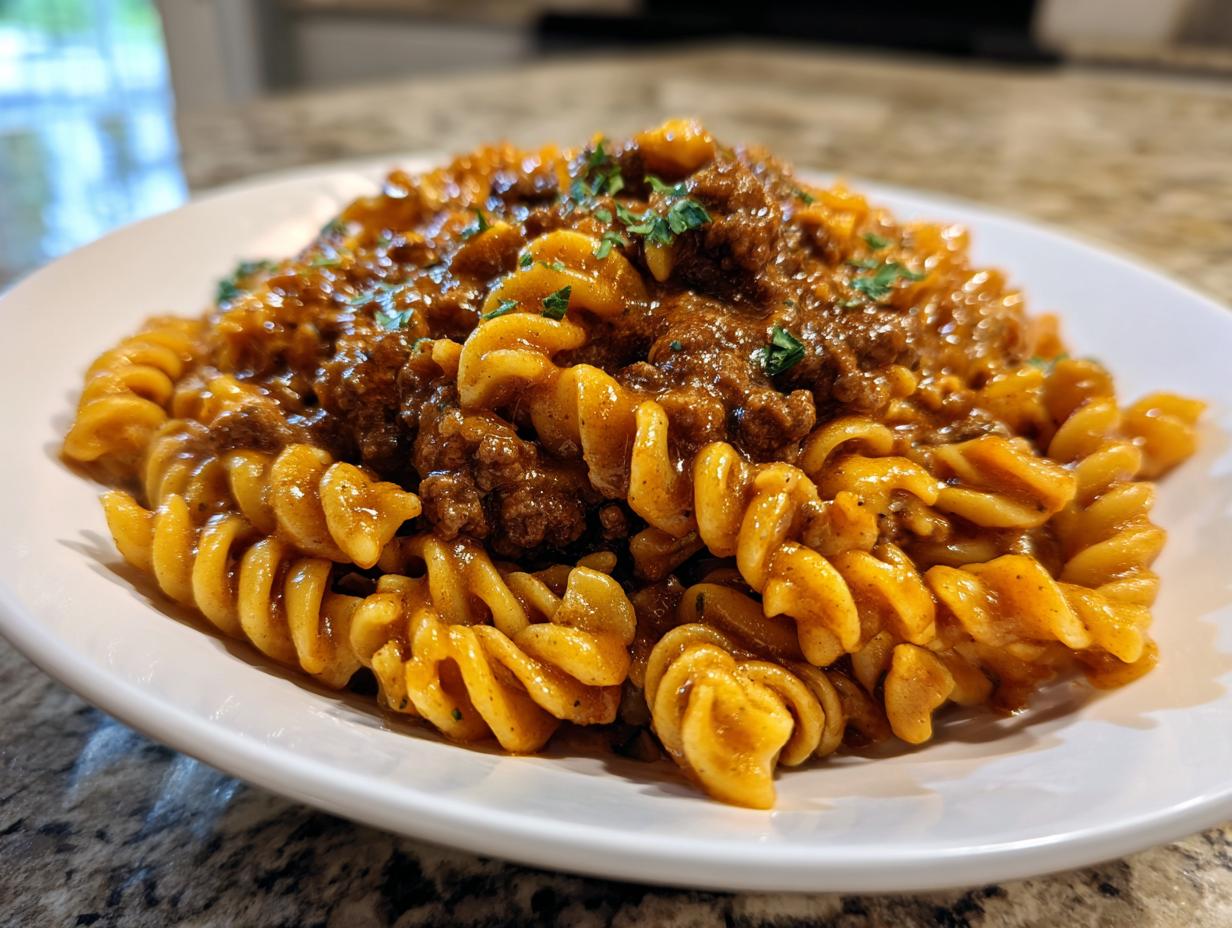 A close-up shot of a serving of amazing 1-pot beef pasta featuring rotini or fusilli noodles coated in a rich, savory sauce.