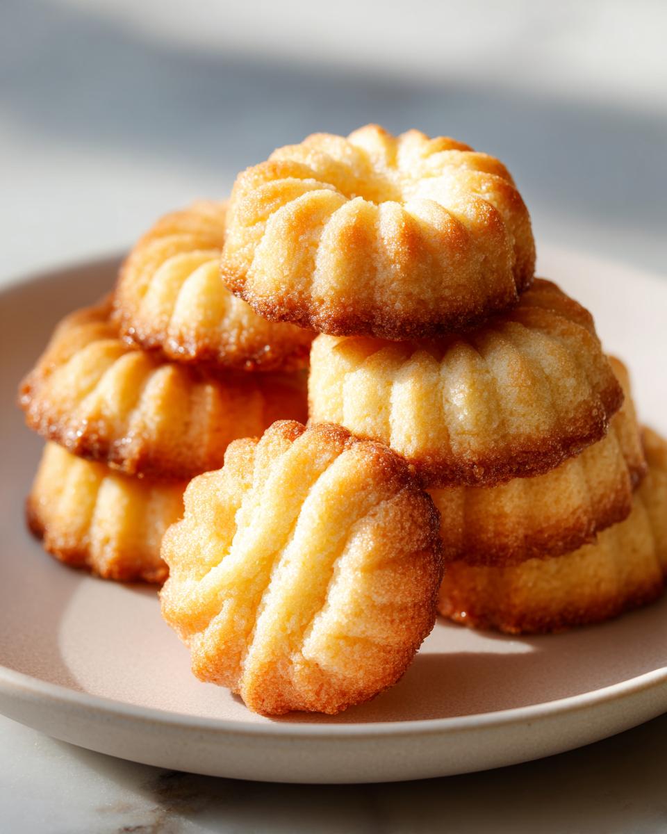 A stack of golden brown, fluted butter cookie treats piled on a light beige plate.