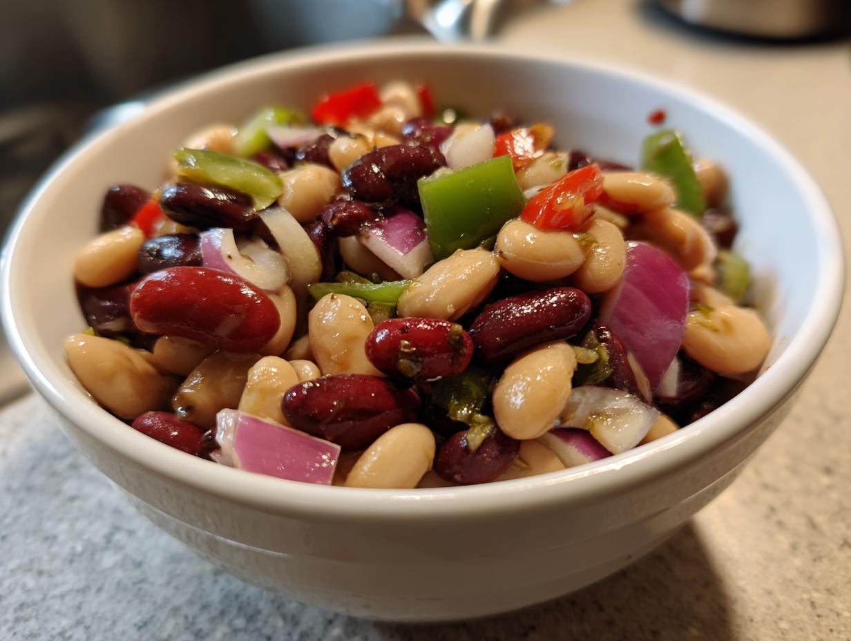 A white bowl filled with colorful mixed bean salad featuring kidney beans, cannellini beans, red onion, and green peppers.