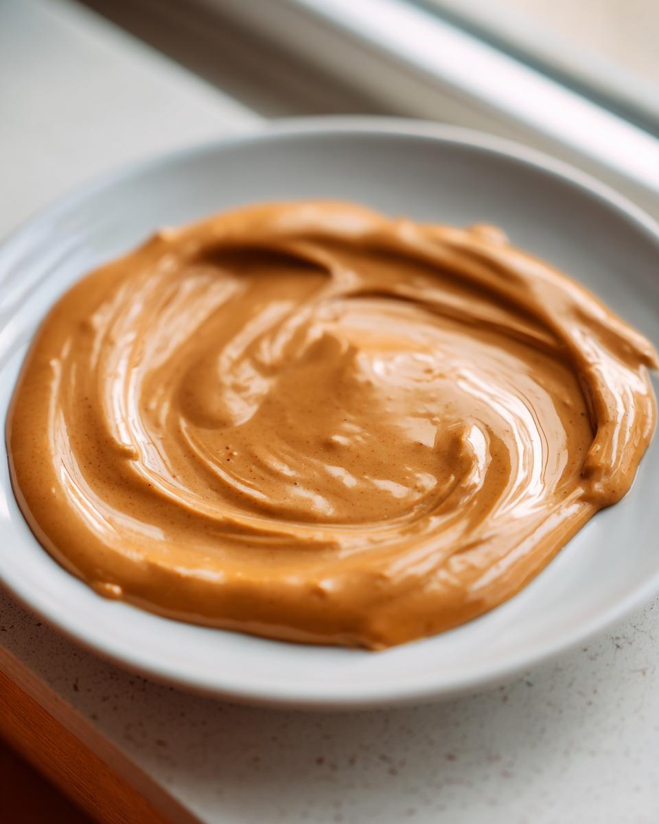 Close-up of a thick, creamy swirl of homemade peanut sauce in a small white bowl.