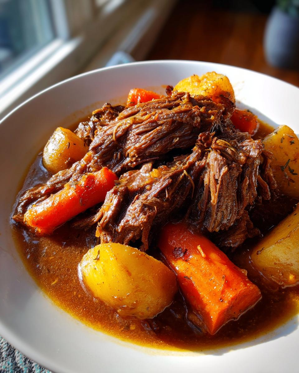 Close-up of tender, shredded pot roast served in rich gravy with chunks of carrots and potatoes.