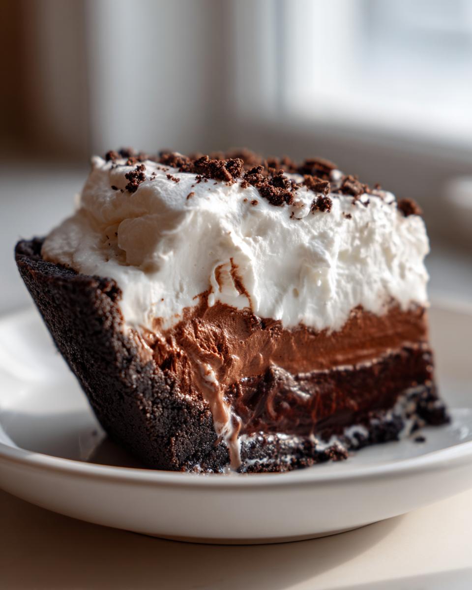 Close-up of a rich slice of 8-layer mud pie featuring chocolate layers and a thick whipped cream topping.