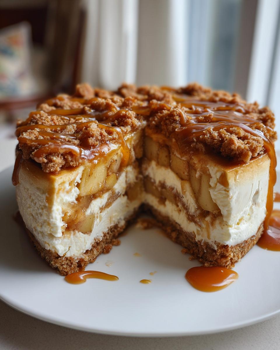 A decadent cross-section view of an apple pie cheesecake with layers of cream cheese, spiced apples, and caramel drizzle.