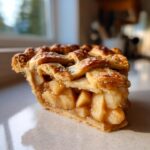 Close-up of a thick slice of homemade apple pie recipe showing chunky, spiced filling and a golden lattice crust.