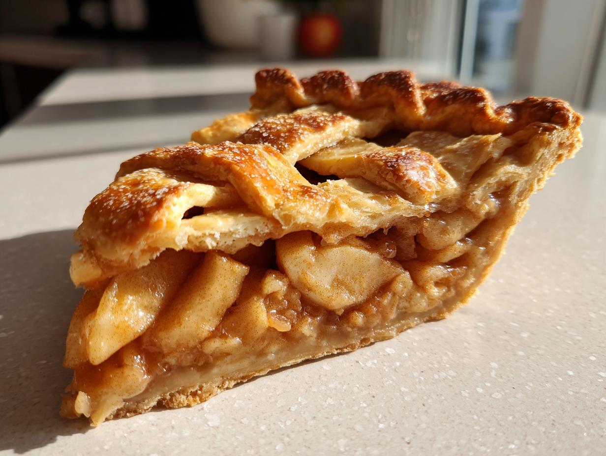 Close-up of a perfect slice from an amazing apple pie recipe showing thick apple filling and a golden lattice crust.