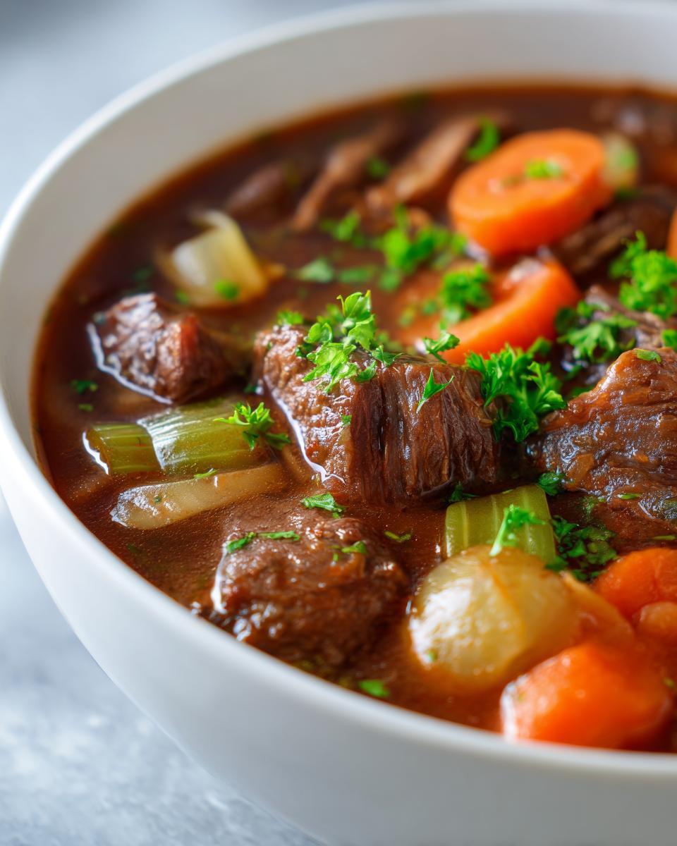 Close-up of tender beef chunks, carrots, and celery in a rich broth of beef noodle soup.