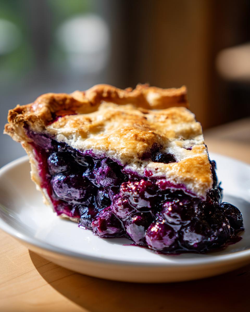 Close-up of a thick slice of amazing blueberry pie recipe showing juicy filling and golden flaky crust.