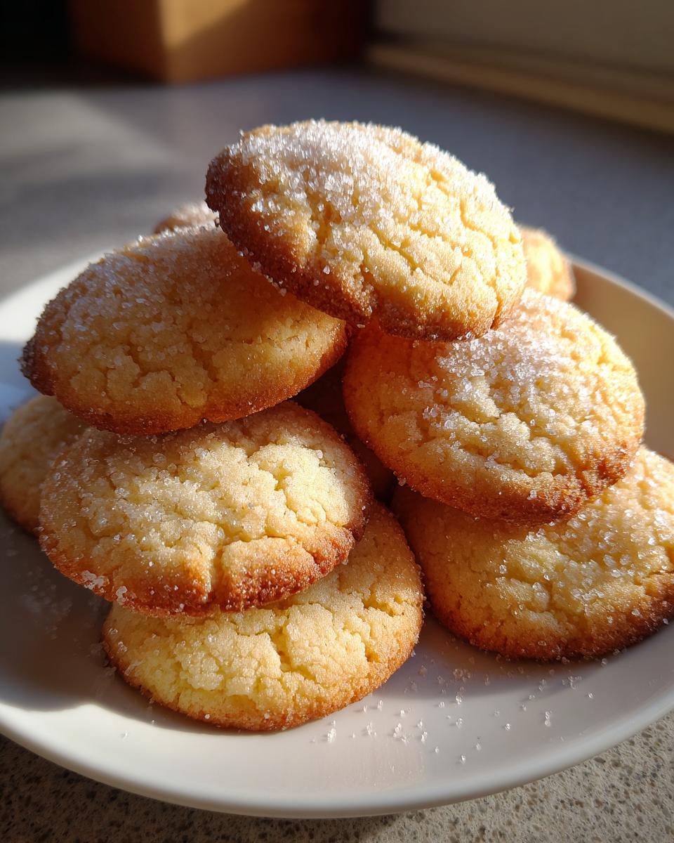 A close-up of a stack of golden brown butter cookie rounds generously topped with sparkling granulated sugar.