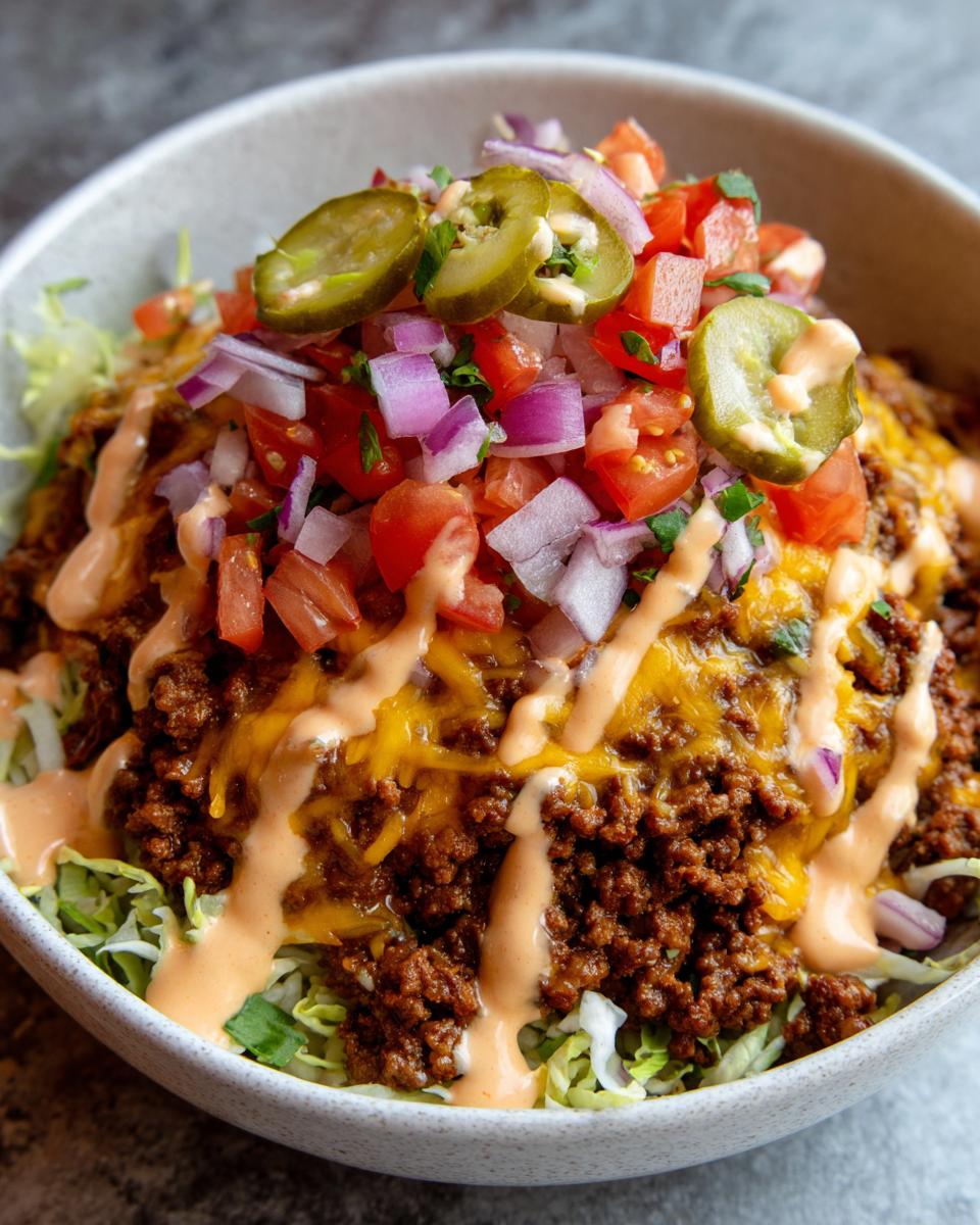 A close-up of a delicious cheeseburger bowl featuring seasoned ground beef, melted cheese, lettuce, and topped with diced tomatoes, onions, and jalapeños.