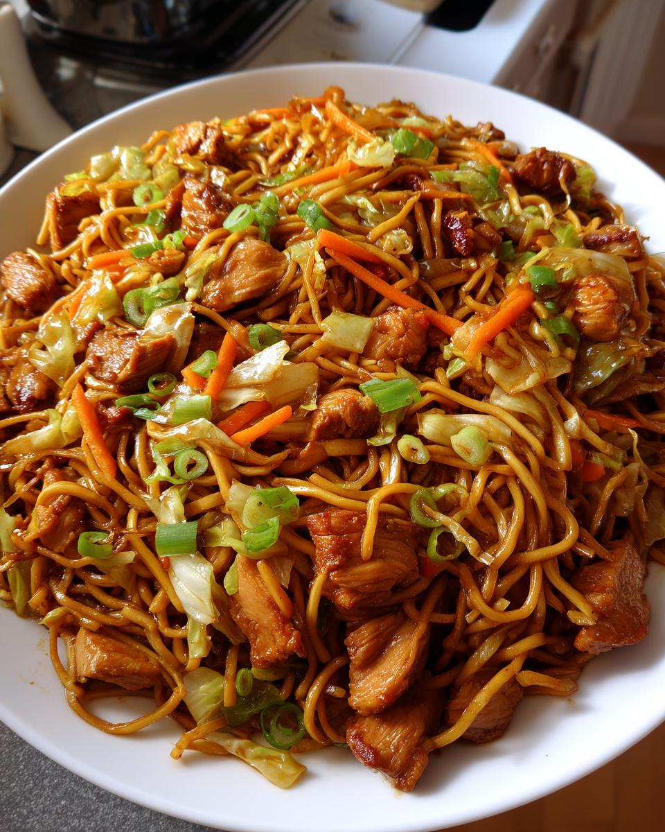 A large white plate piled high with savory chicken chow mein recipe noodles, chicken pieces, cabbage, and carrots.
