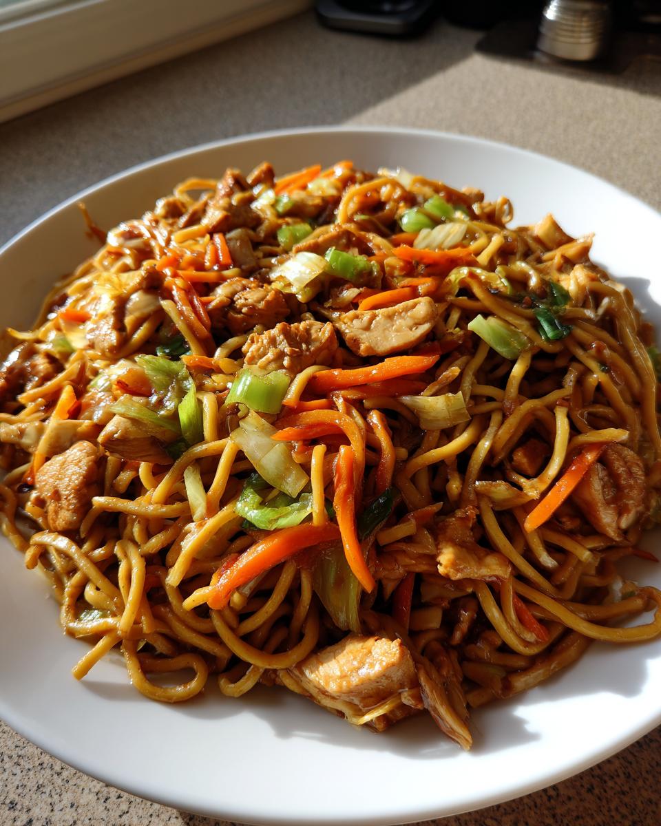 A close-up of a generous serving of amazing chicken chow mein recipe on a white plate, featuring noodles, chicken pieces, and julienned vegetables.