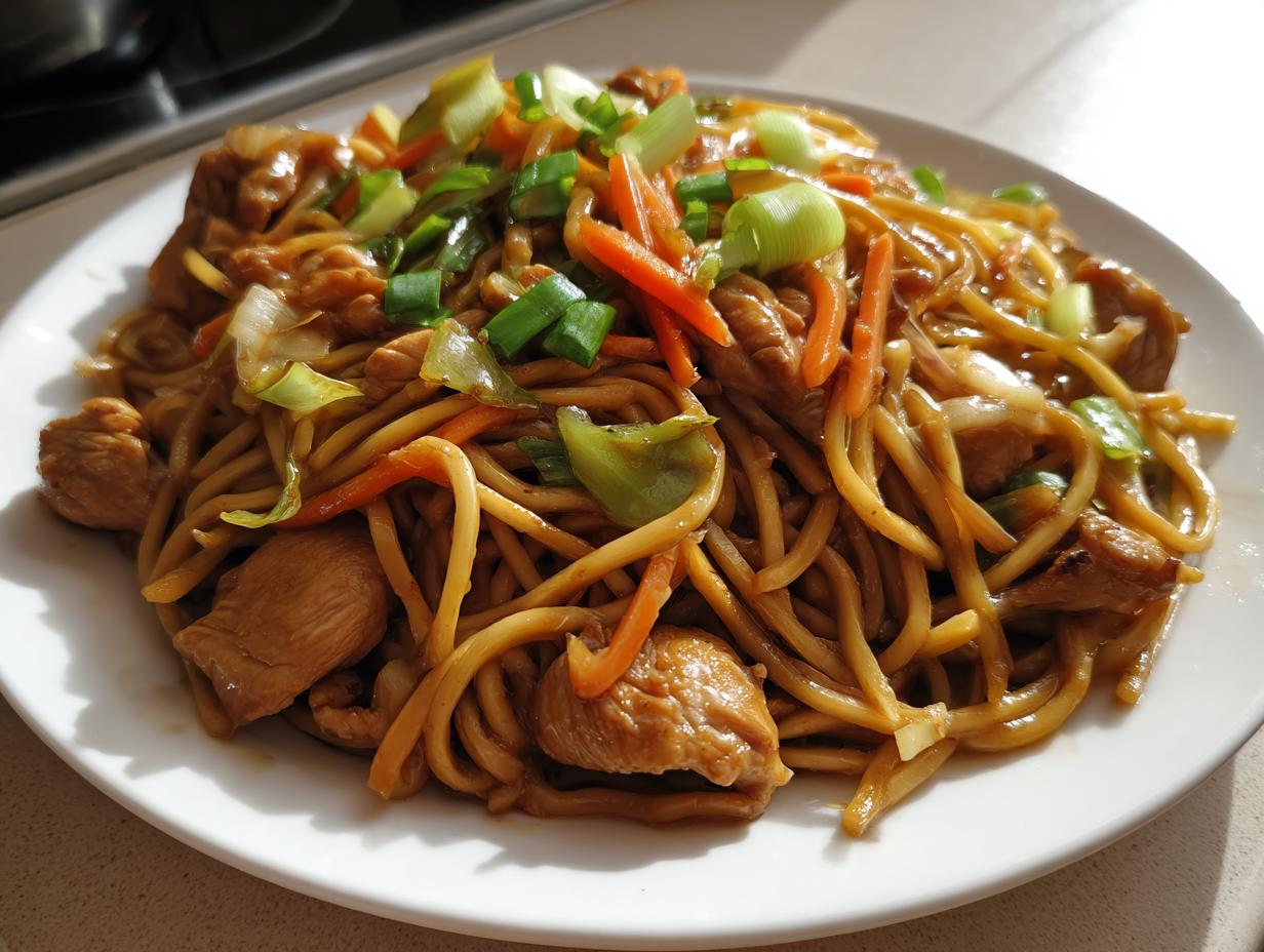 Close-up of a plate featuring a generous serving of chicken chow mein recipe with noodles, chicken pieces, carrots, and green onions.