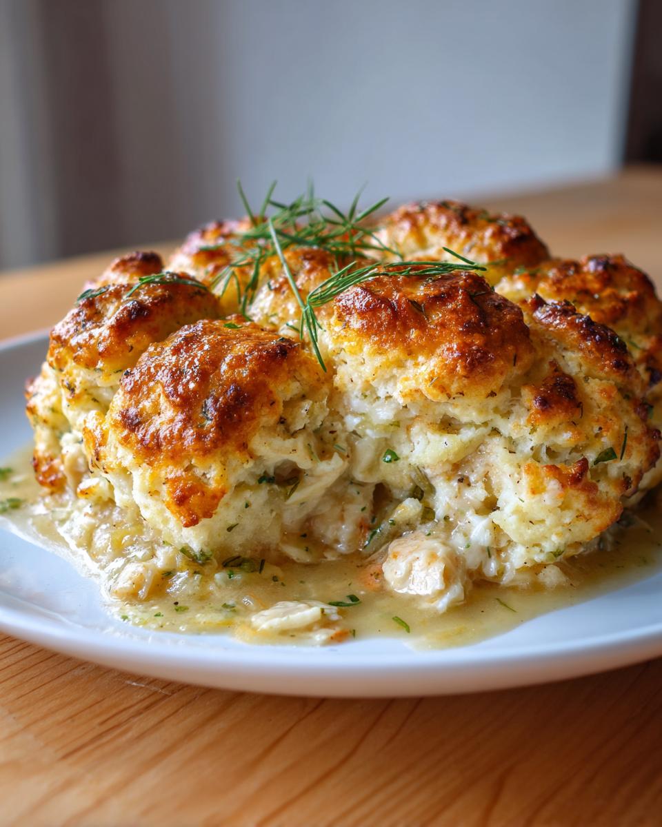 A close-up of homemade chicken cobbler with golden brown biscuits soaking in savory gravy.