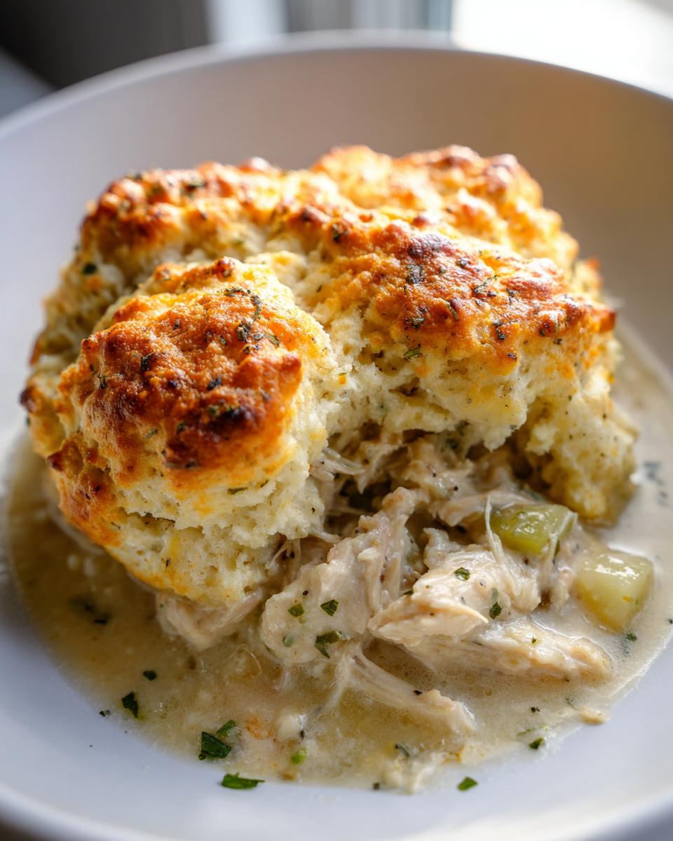 A close-up of amazing chicken cobbler with a golden, herbed biscuit topping over creamy shredded chicken and vegetables.