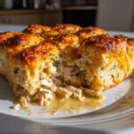 Close-up of a serving of chicken cobbler showing shredded chicken filling and a golden, cheesy biscuit topping.