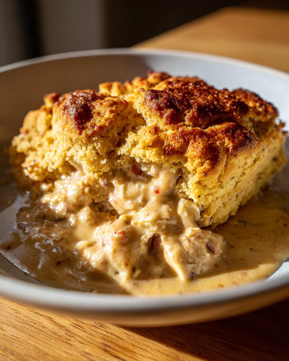A close-up of a serving of amazing chicken cobbler with a golden, crusty topping over a creamy chicken filling.