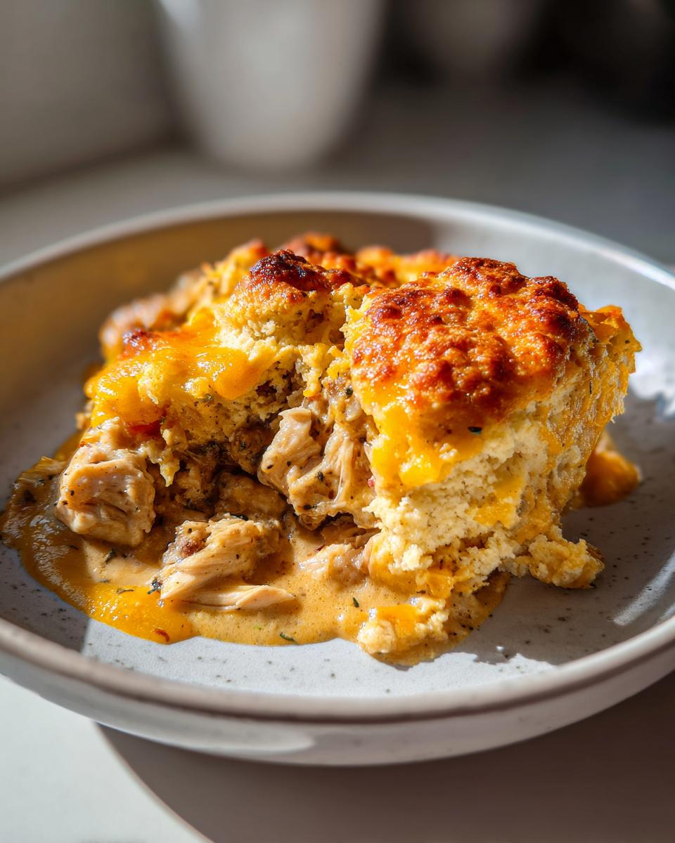 A close-up of a serving of amazing chicken cobbler with shredded chicken in a creamy sauce and a golden, cheesy biscuit topping.