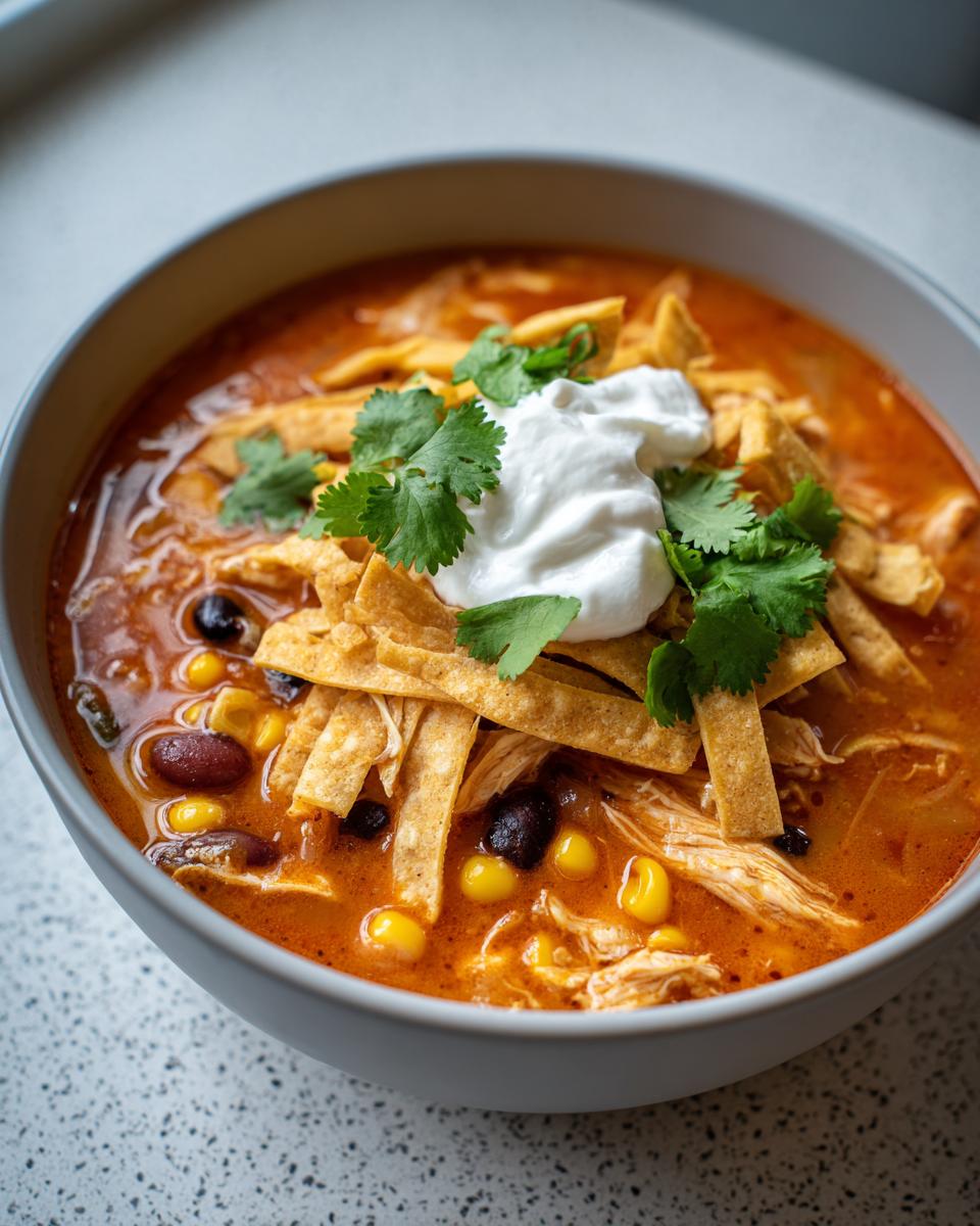 A vibrant bowl of chicken tortilla soup topped with sour cream, cilantro, and crispy tortilla strips.