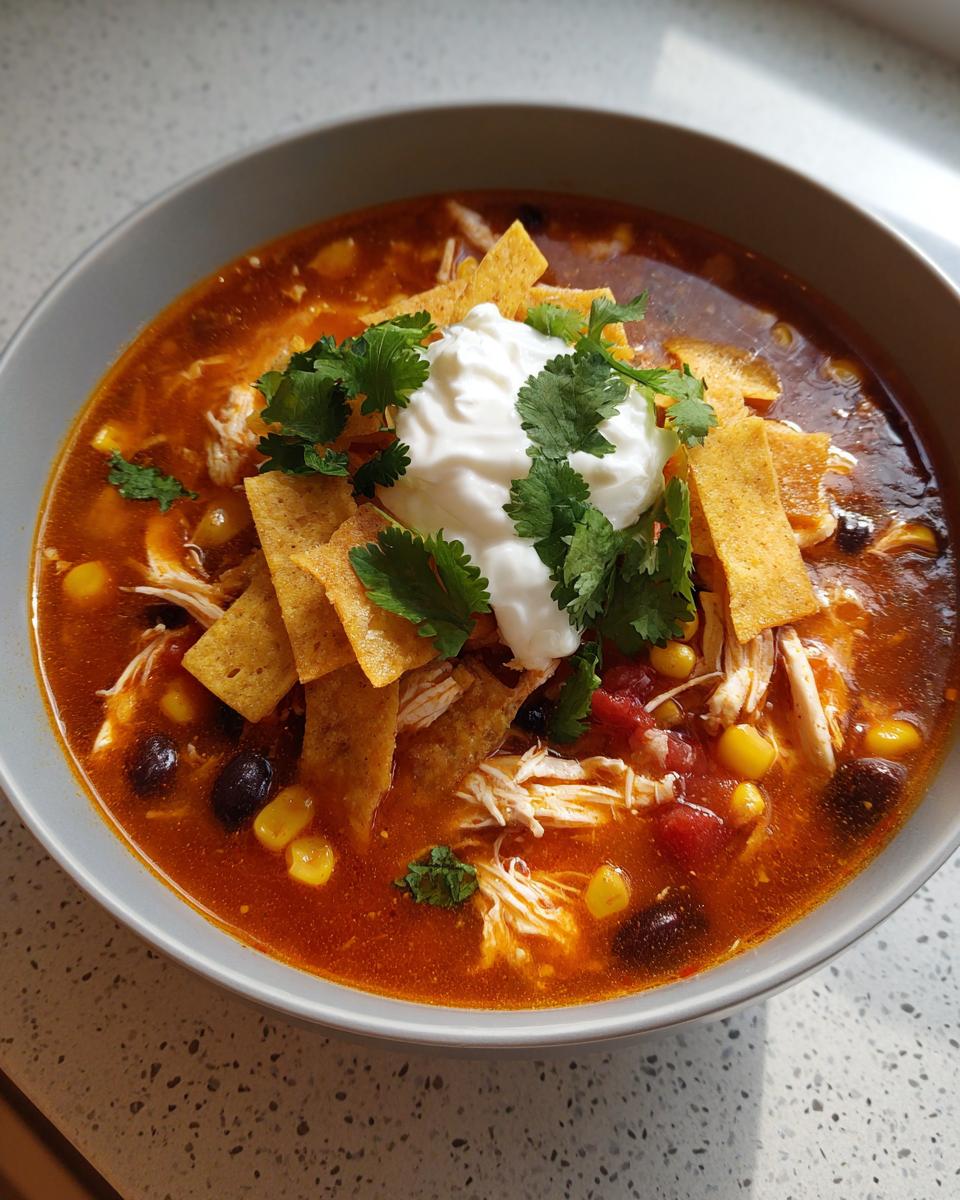 A close-up of a bowl of rich, red chicken tortilla soup topped with shredded chicken, corn, black beans, tortilla strips, sour cream, and cilantro.