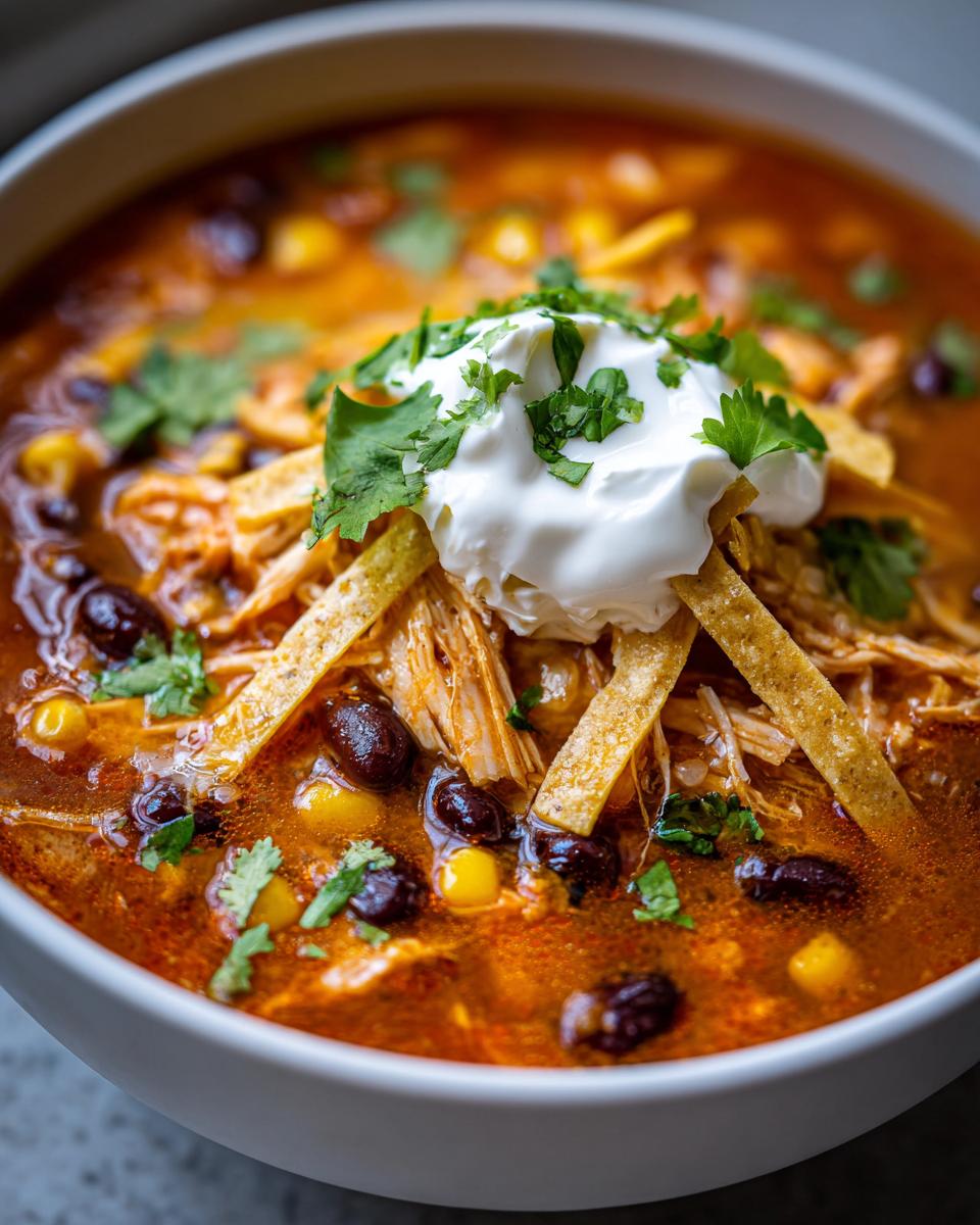 A close-up bowl of rich chicken tortilla soup topped with sour cream, cilantro, and crispy tortilla strips.