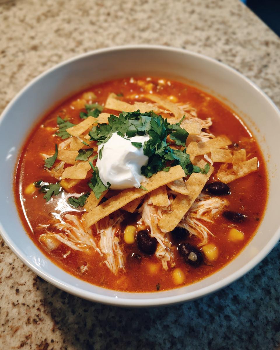 A close-up of a bowl of rich, red chicken tortilla soup topped with shredded chicken, corn, black beans, tortilla strips, sour cream, and cilantro.