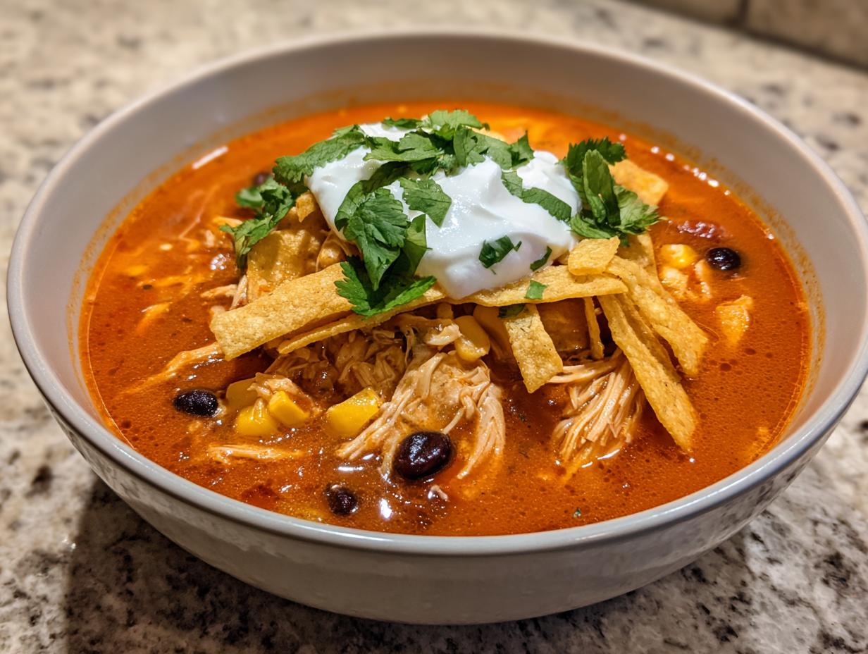 A close-up of a bowl of rich, red chicken tortilla soup topped with shredded chicken, black beans, corn, tortilla strips, sour cream, and cilantro.