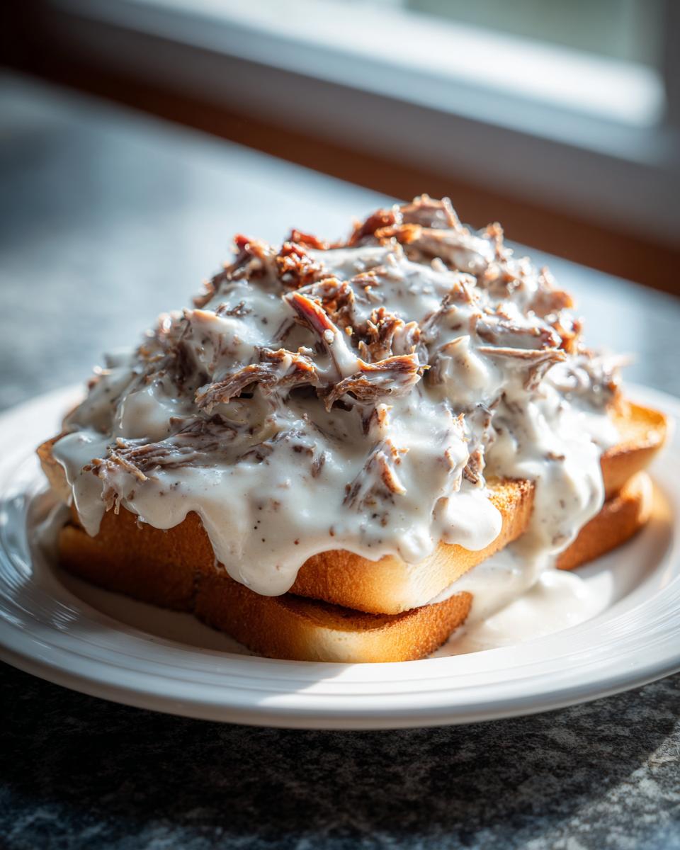 Two slices of toasted bread generously topped with chipped beef on toast mixture, covered in creamy white gravy.