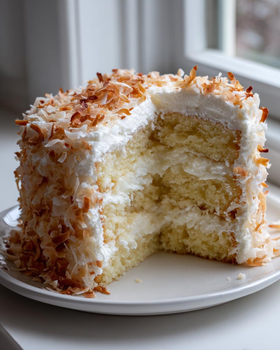 A slice removed from a layered coconut cake recipe, showing moist white cake, cream filling, and toasted coconut flakes.
