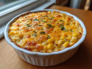 Close-up of a baked corn dip in a white ramekin, featuring melted, bubbly cheddar cheese and corn kernels.