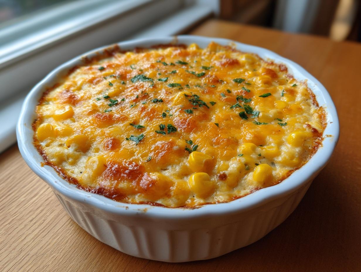 Close-up of a baked corn dip in a white ramekin, featuring melted, bubbly cheddar cheese and corn kernels.