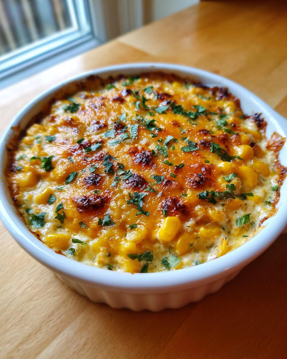 A close-up of a hot, baked corn dip topped with melted, browned cheese and fresh parsley.