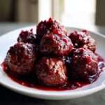 Close-up of several glossy cranberry meatballs coated in a thick, dark red cranberry glaze on a white plate.