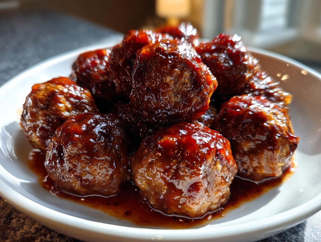 Close-up of several glossy, saucy cranberry meatballs piled in a small white serving dish.