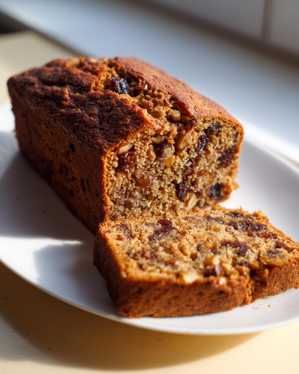 A loaf of moist date nut bread, partially sliced, showing the rich texture filled with dates and walnuts.
