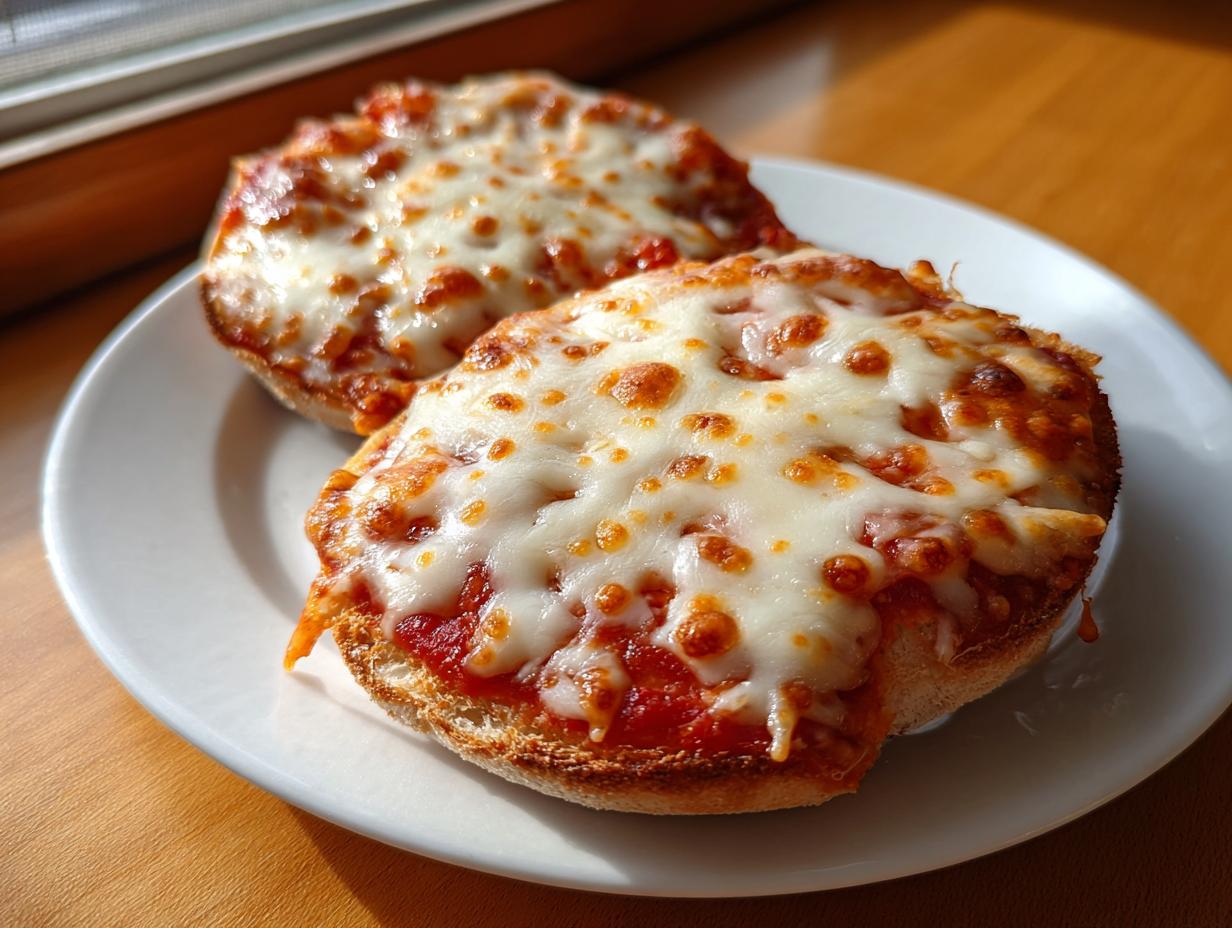 Two freshly baked english muffin pizza halves topped with melted, bubbly mozzarella cheese on a white plate.