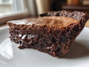 Close-up of a rich slice of hot fudge pie showing the fudgy center oozing out onto a white plate.