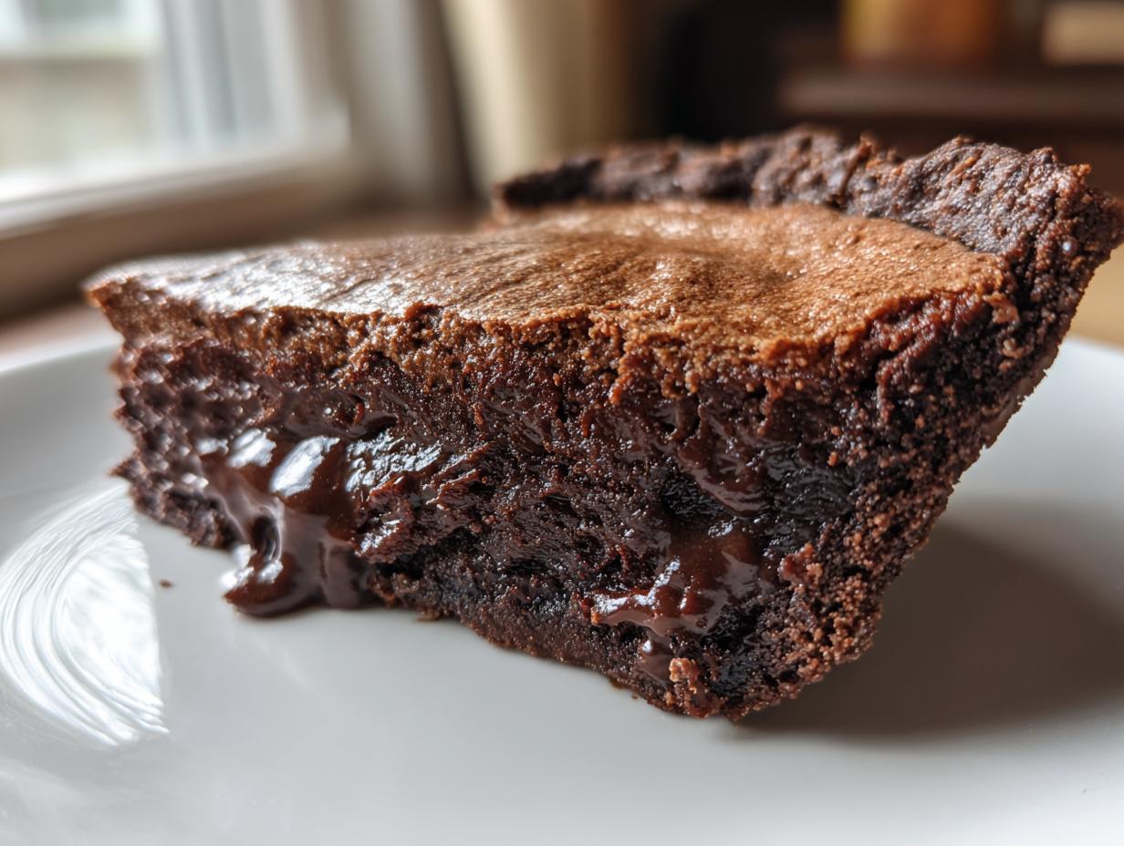 Close-up of a rich slice of hot fudge pie showing the fudgy center oozing out onto a white plate.