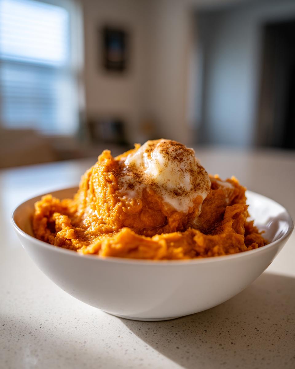 A close-up of a white bowl filled with bright orange mashed sweet potatoes, topped with melted butter and cinnamon.