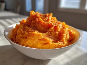 A white bowl filled with bright orange mashed sweet potatoes, topped with a dusting of cinnamon.